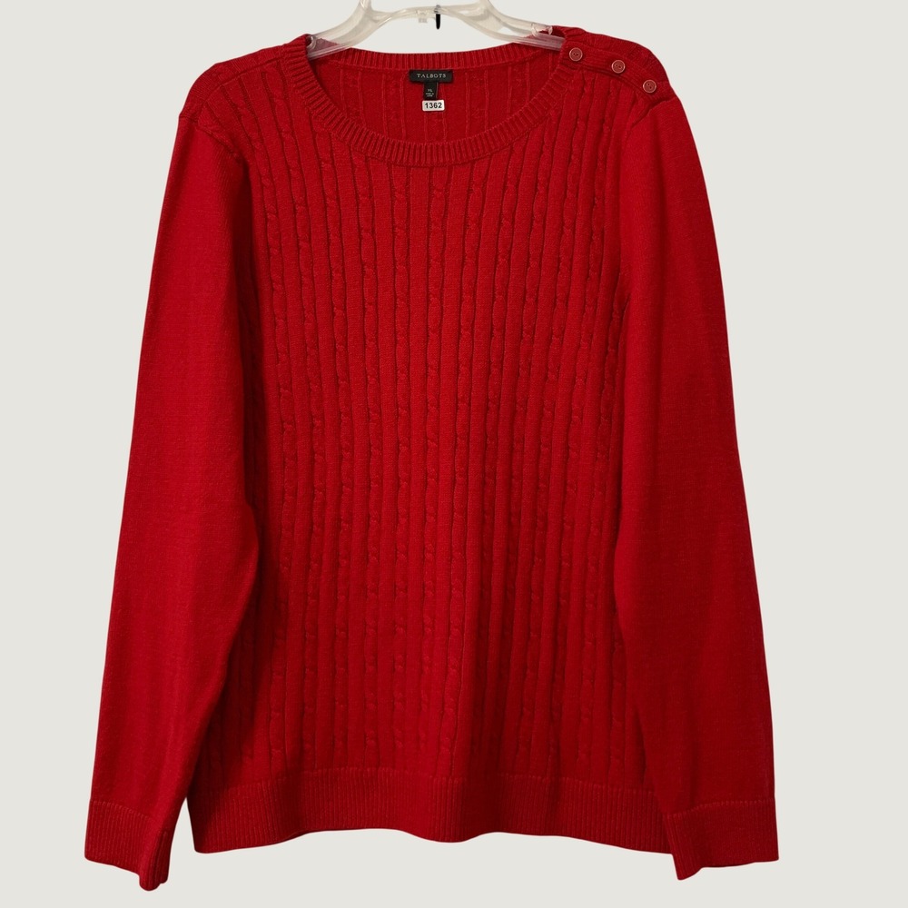 Talbots Sweater Women XL Red Cable Knit Shoulder Button Crew Neck Long Sleeve